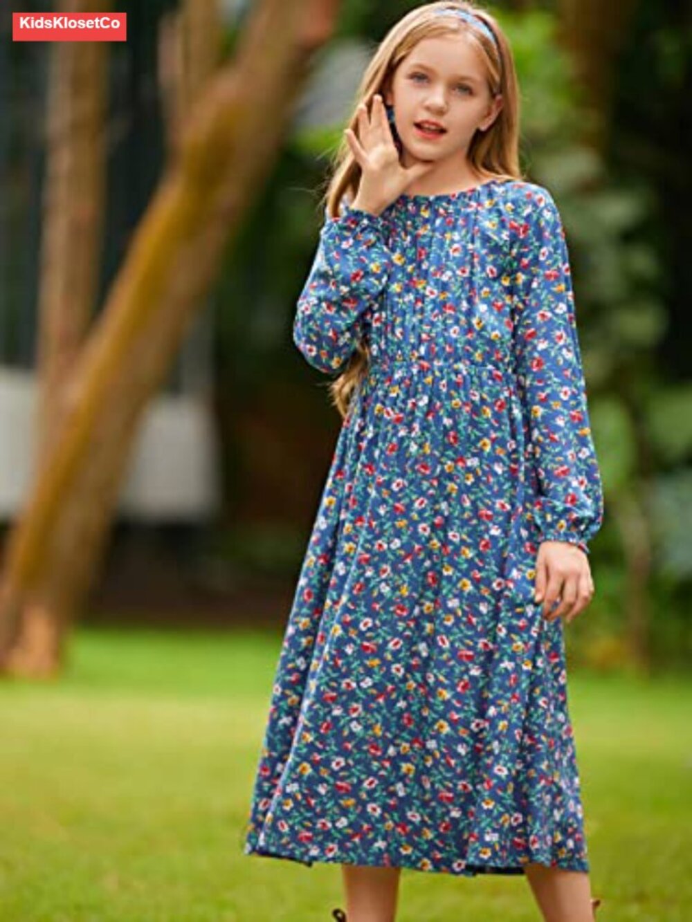 Girls Floral Print A-line Swing Midi Dress with Pocket Long Sleeve - Picture 4 of 4